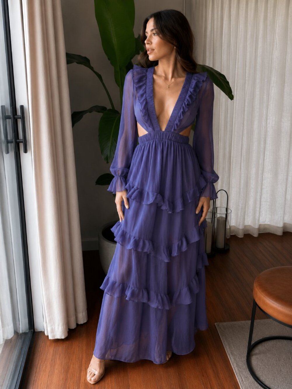 💜 Tiered Ruffle Midi Dress with Cutouts – Size M